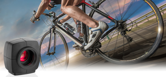 A cyclist on a bike from below and behind, with a uEye camera on the left