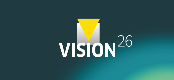 Graphic featuring the text «VISION26» on a teal background.