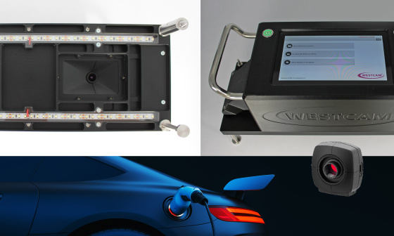 Collage with tester, WESTCAM device, electric car and industrial camera