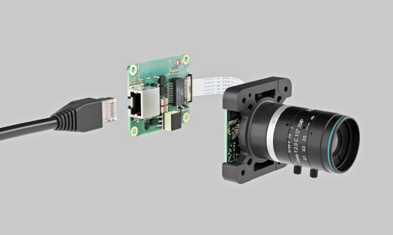 PoE-enabled daughterboard, connected to IDS single-board camera and cable