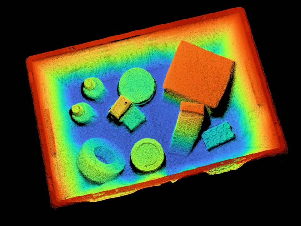A colourful 3D point cloud of various objects in a box