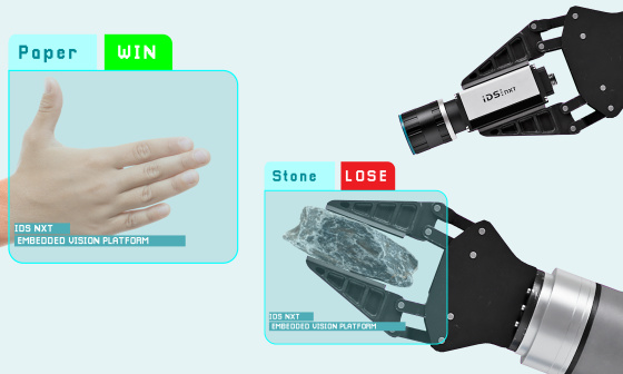 Human hand and robot arm show gestures, IDS NXT camera analyses them.