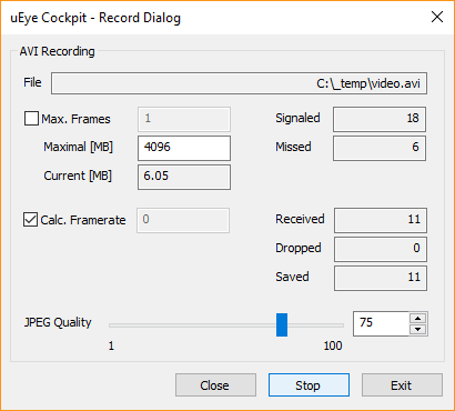 Screenshot from the IDS Software Suite showing the Record dialog.