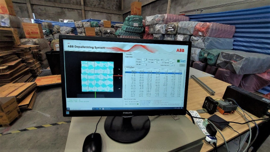 The 3D Vision software determines box positions on the pallet with millimeter accuracy using the point cloud image