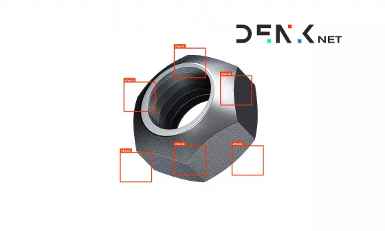 DENKnet logo above a screw nut that has been checked for defects by image analysis