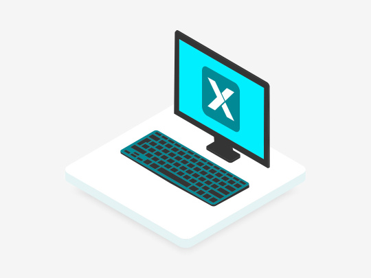 Isometric computer illustration with blue screen and white ‘X’ logo.