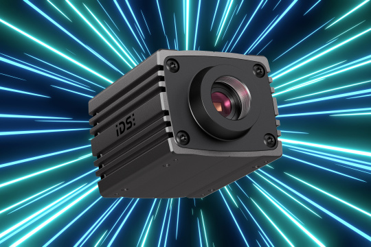 10GigE Vision industrial camera uEye Warp10 against blue and green, firework-like rays