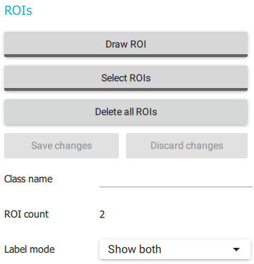 Screenshot of the ROI Manager with various options: Draw ROI, Select ROI, Delete all ROIs, Save changes, Discard changes, Class name, ROI count, Label mode
