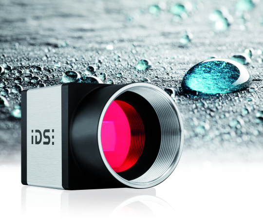 USB 3 uEye CP industrial camera with drops in the background.