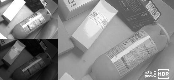 Light and dark shots of packaging and bottle plus the HDR result