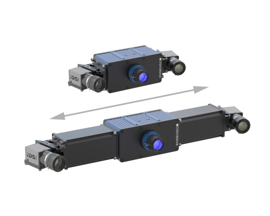 Two Ensenso cameras with IDS cameras in size comparison