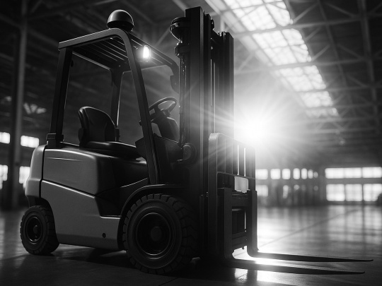 Black and white photo of a forklift truck with light-dark contrast