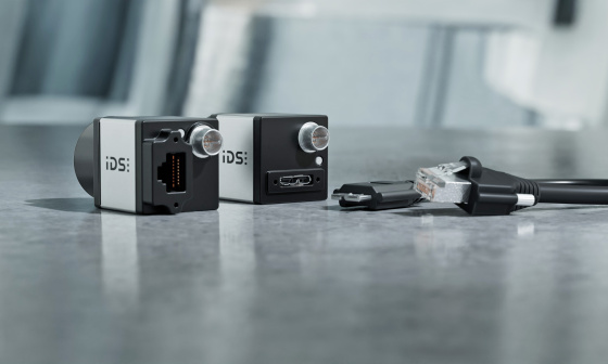 IDS cameras with USB and GigE ports and matching cables