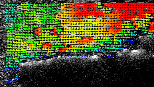 Visualisation of flow data with colour-coded vectors from event-based camera analysis