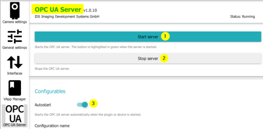 In the OPC UA Server area, options for starting, stopping and autostarting the server are highlighted.