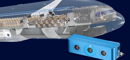 Front section of an aeroplane, view inside the cabin, Ensenso 3D camera at the front