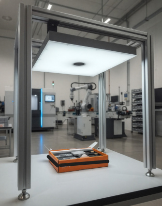 Illuminated inspection station with skylight unit; container with components
