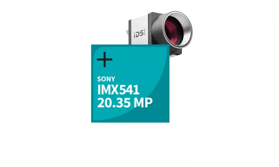Shows uEye+ CP camera, in front of it a box with the sensor name IMX541 and the resolution 20 MP