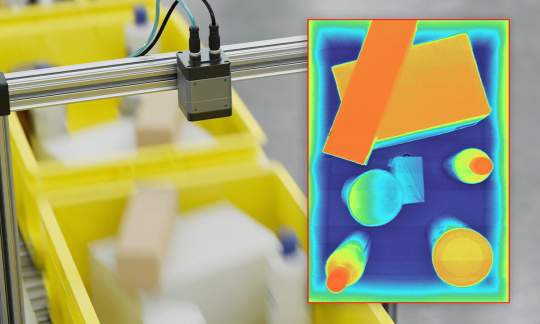 A 3D camera captures a depth image of objects in yellow boxes on a conveyor belt.