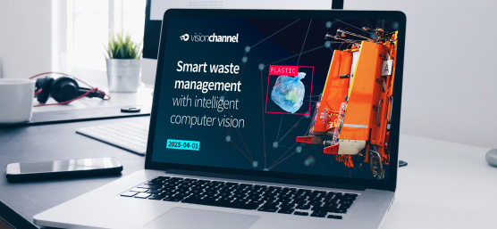 The announcement for the Vision Channel video on the AI application solution for waste management can be seen on the screen of a laptop.