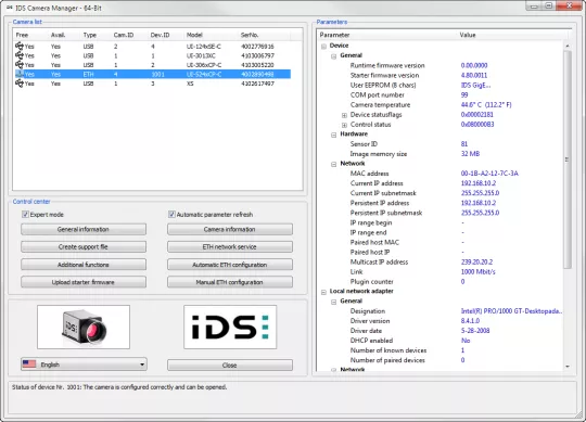 IDS Software Suite for industrial cameras: IDS Camera manager - Expert mode