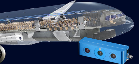 Front section of an aeroplane with a view into the cabin, with an Ensenso 3D camera in the foreground.