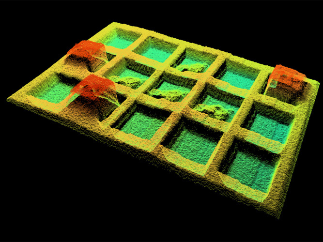 A colourful 3D point cloud of a divided tray with raised sections