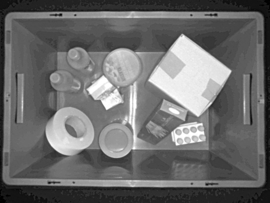 A grey intensity image from the Nion 3D camera shows various objects in a box from a top view.