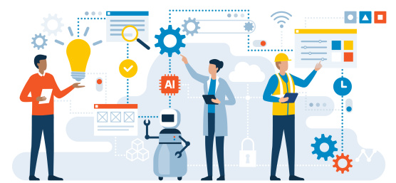 Graphic representation of two people and a robot, many different symbols such as AI, WLAN or gears