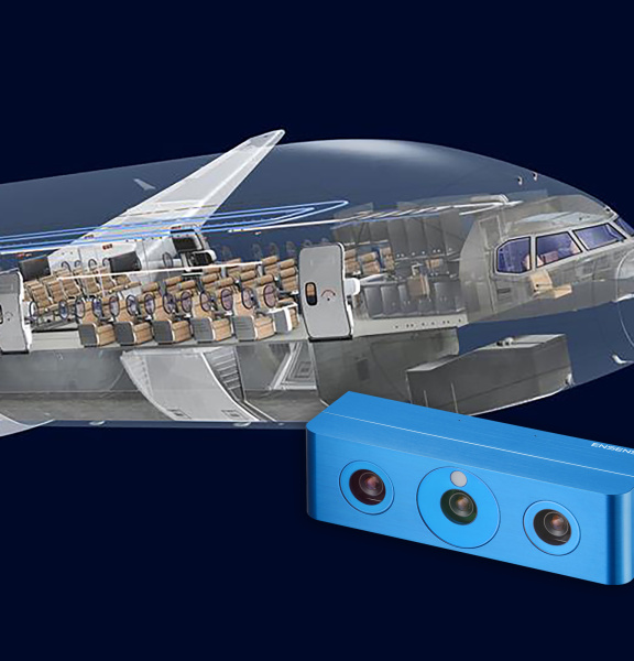 Front section of an aeroplane with a view into the cabin, with an Ensenso 3D camera in the foreground.