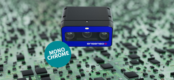 Ensenso B 3D camera with circuit board in the background and labelled ‘Monochrom’