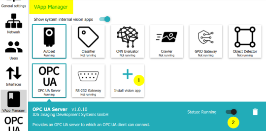 The individual steps that start the OPC UA server are marked with numbers in the VApp Manager.