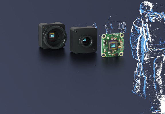 Three different housing variants of the uEye XLS-E industrial camera on a dark blue background, with a white line drawing of a person running with a rucksack on the right.