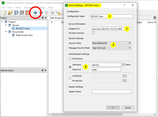 After adding a server, a window opens in which the steps are marked in yellow with numbers