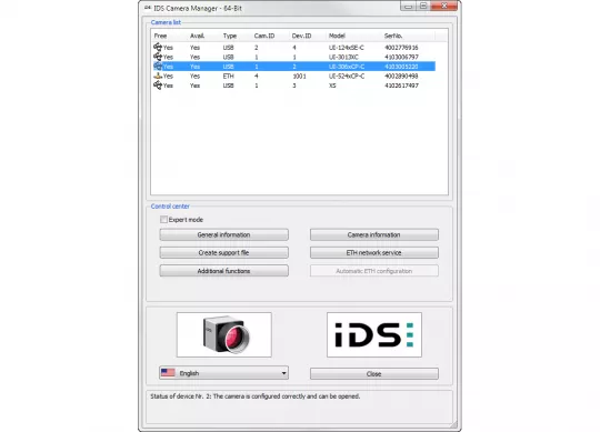 IDS Software Suite for industrial cameras: IDS Camera manager - camera list