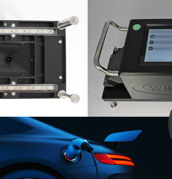 Collage with tester, WESTCAM device, electric car and industrial camera