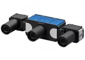 Front view of the blue and black Ensenso XR 3D camera, each side equipped with an IDS industrial camera & lens
