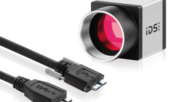 There are 2 USB 3.0 Mico B connector cables in front of the uEye camera