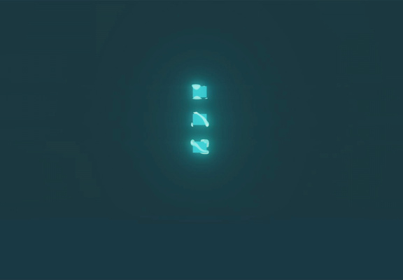 Three glowing turquoise shapes on a dark background.