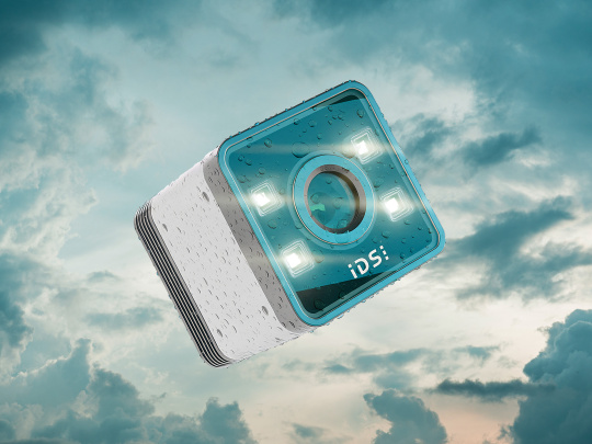 IDS ToF camera Nion with water drops in front of a cloudy sky