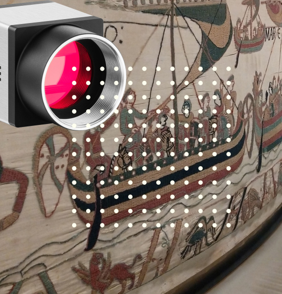 uEye camera top left in front of the Bayeux Tapestry, many additional dots