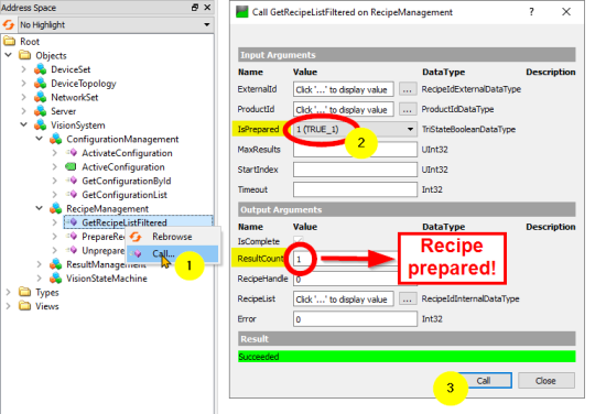 Step by step, it is marked how the GetRecipeListFiltered function is prepared with the comment Recipe prepared