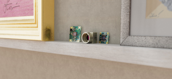 USB3 uEye XCP, XLS and GigE uEye LE cameras are positioned on a picture rail between 2 classic picture frames