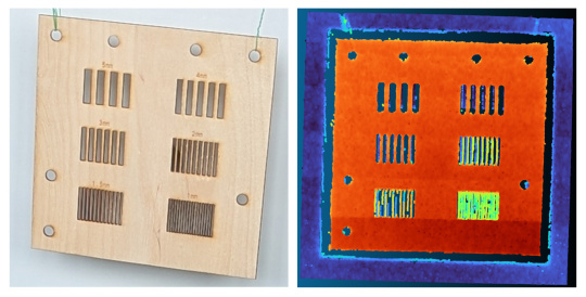Wooden board with slots ranging from 5 mm to 1 mm, showing the precise detail resolution of the 3D camera