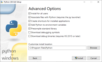 Python installation dialogue - Advanced options