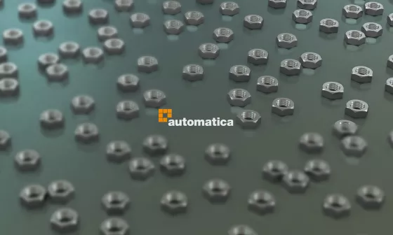 Many scattered hexagon nuts, automatica logo in the foreground