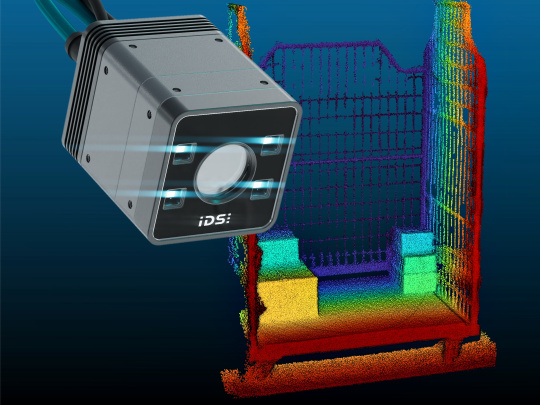 A 3D camera captures a colour-coded point cloud of a loaded roll-on container.