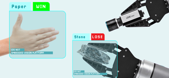 Human hand and robot arm show gestures, IDS NXT camera analyses them.