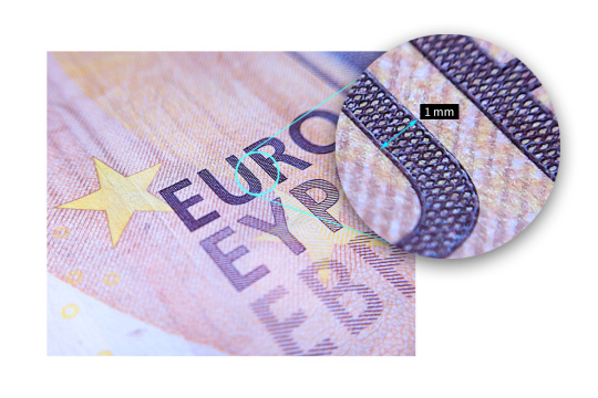 An enlarged field on a euro banknote shows the zoom power of the uEye XC.