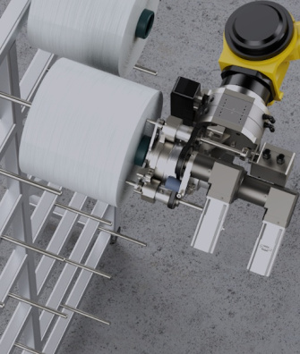Robot arm hangs paper rolls
